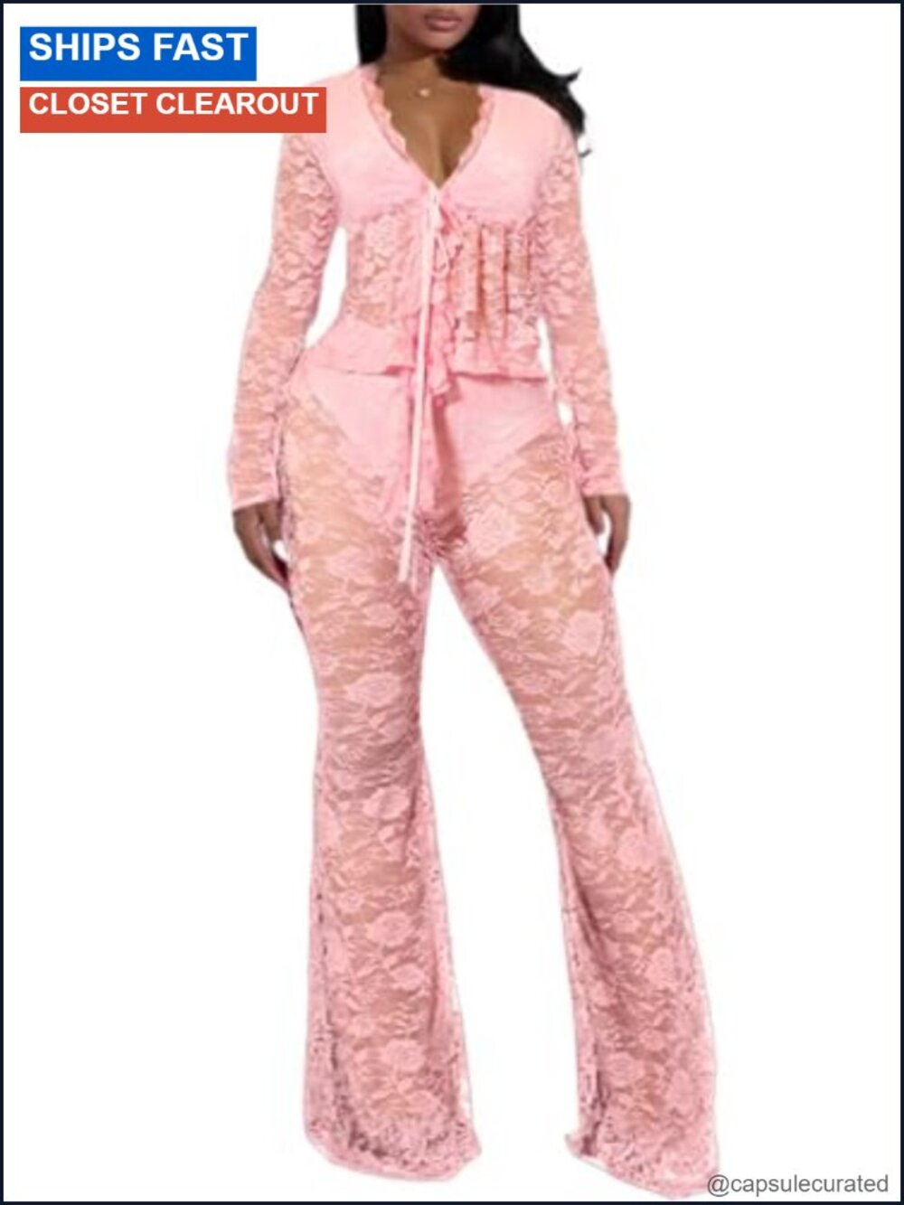 Women's 2 Piece Lace Crop Top & Flared Pants Set